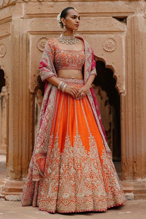Nagma Orange Lehenga Set with Blouse and Hot Pink Dupatta