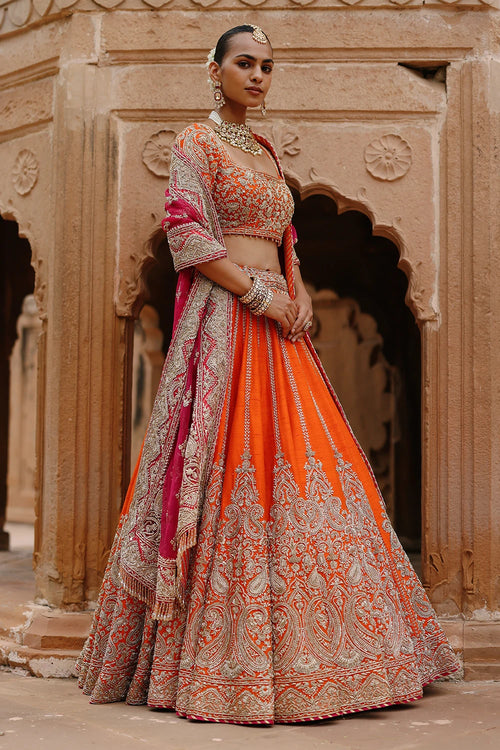 Nagma Orange Lehenga Set with Blouse and Hot Pink Dupatta