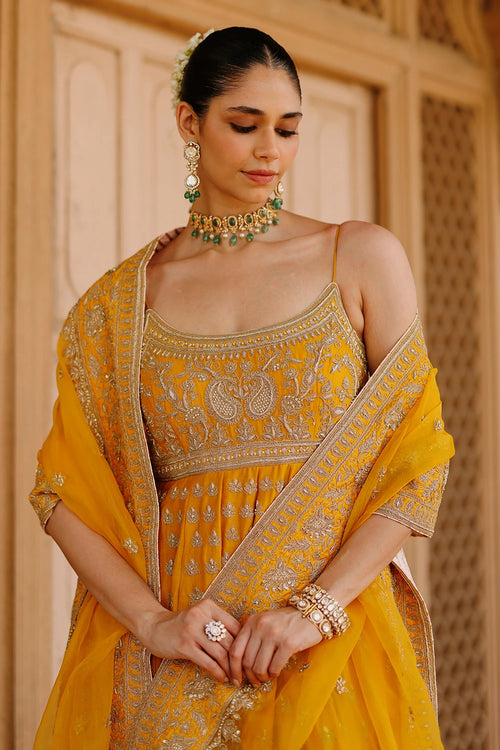 Afraa Mustard Anarkali Set with Palazzo and Dupatta