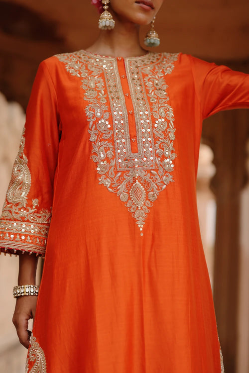 Umaira Burnt Orange Long Kurta Set with Salwar and Dupatta