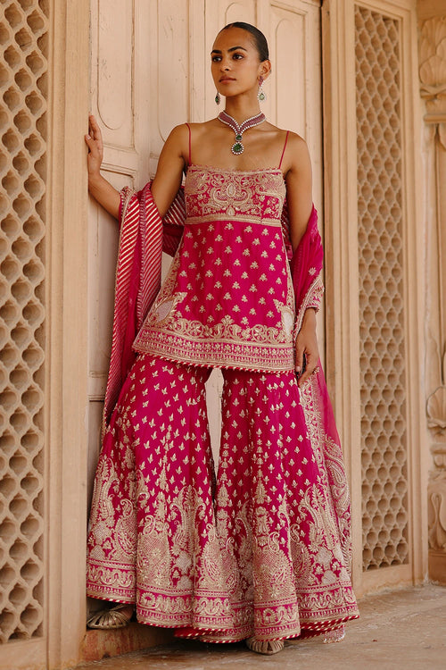 Nisbat Hot Pink Kurta Set with Garara and Dupatta