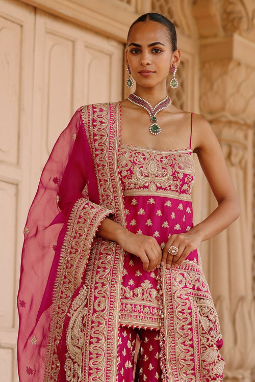 Nisbat Hot Pink Kurta Set with Garara and Dupatta