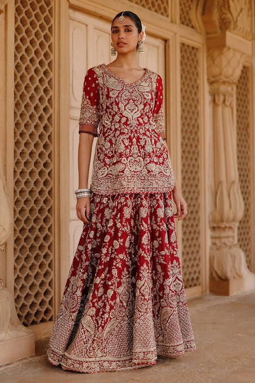 Merab Deep Red Kurta Set with Lehenga and Dupatta