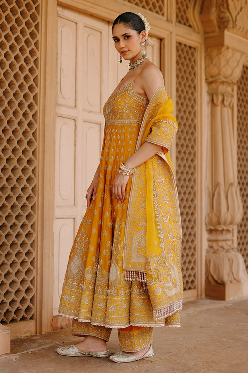 Afraa Mustard Anarkali Set with Palazzo and Dupatta