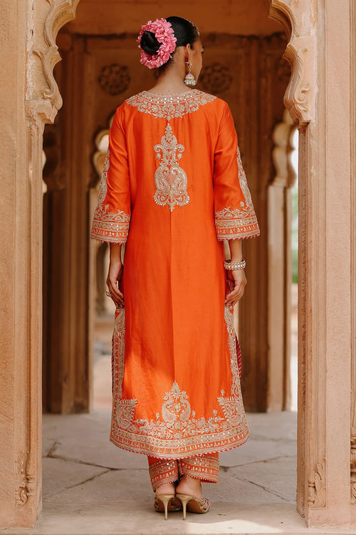 Umaira Burnt Orange Long Kurta Set with Salwar and Dupatta