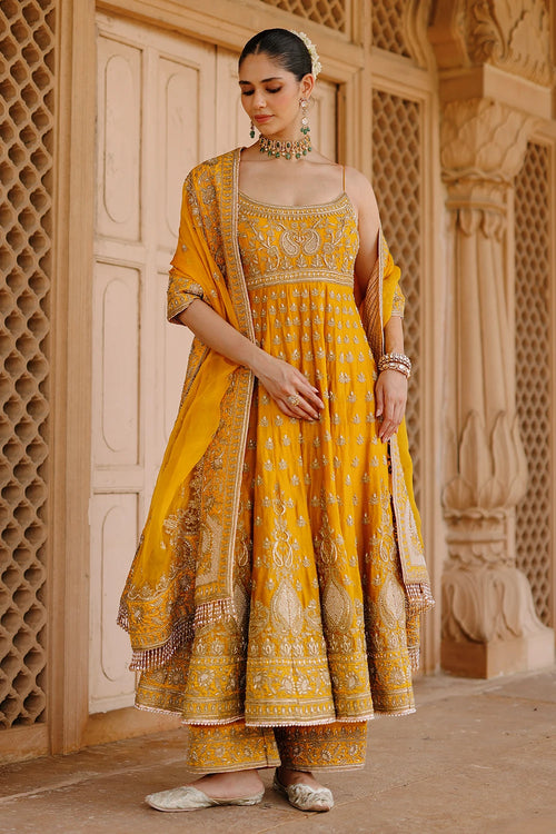 Afraa Mustard Anarkali Set with Palazzo and Dupatta