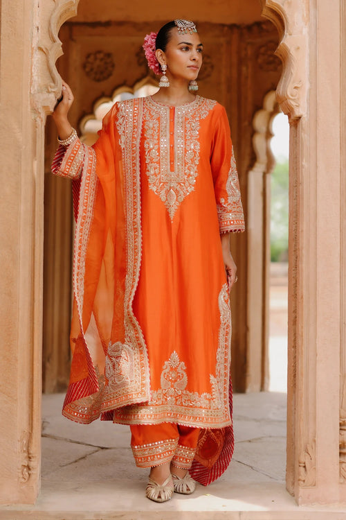 Umaira Burnt Orange Long Kurta Set with Salwar and Dupatta