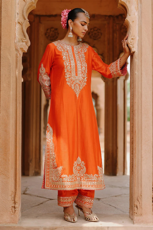 Umaira Burnt Orange Long Kurta Set with Salwar and Dupatta