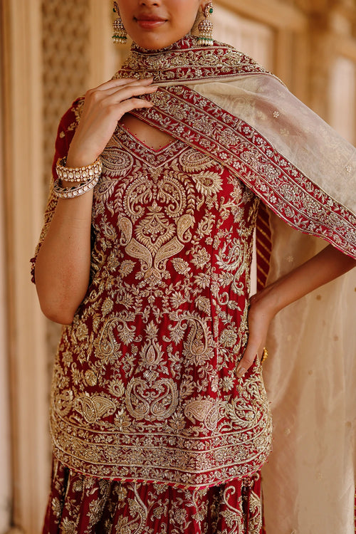 Merab Deep Red Kurta Set with Lehenga and Dupatta