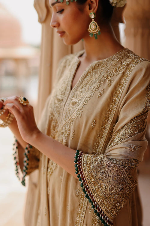 Nazaara Gold Tissue Long Kalidaar Chauga with Palazzo and Dupatta