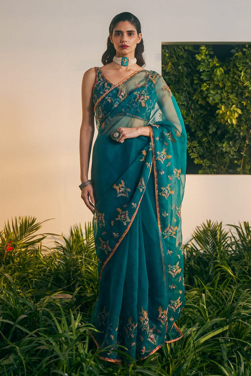 Teal Zina Sari With Blouse