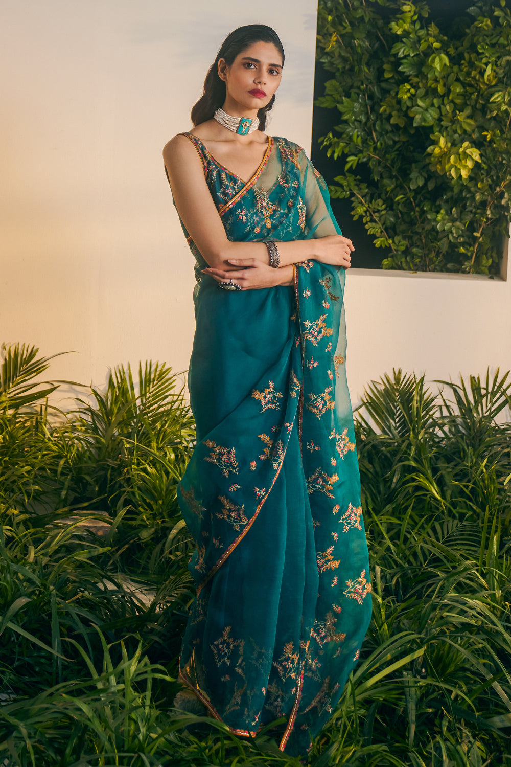 Teal Zina Sari With Blouse