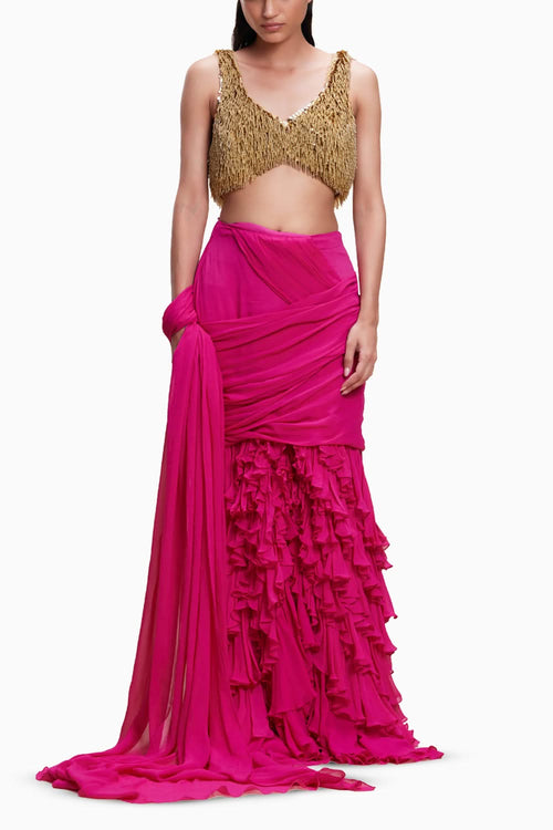 Hot Pink Saree With Gold Blouse