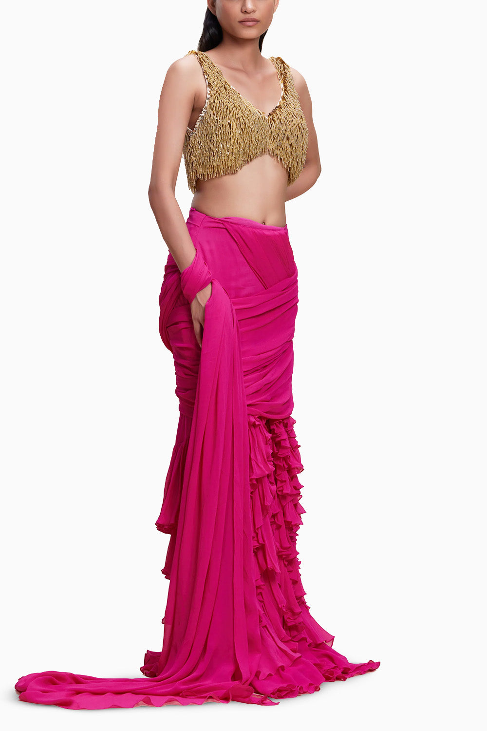 Hot Pink Saree With Gold Blouse