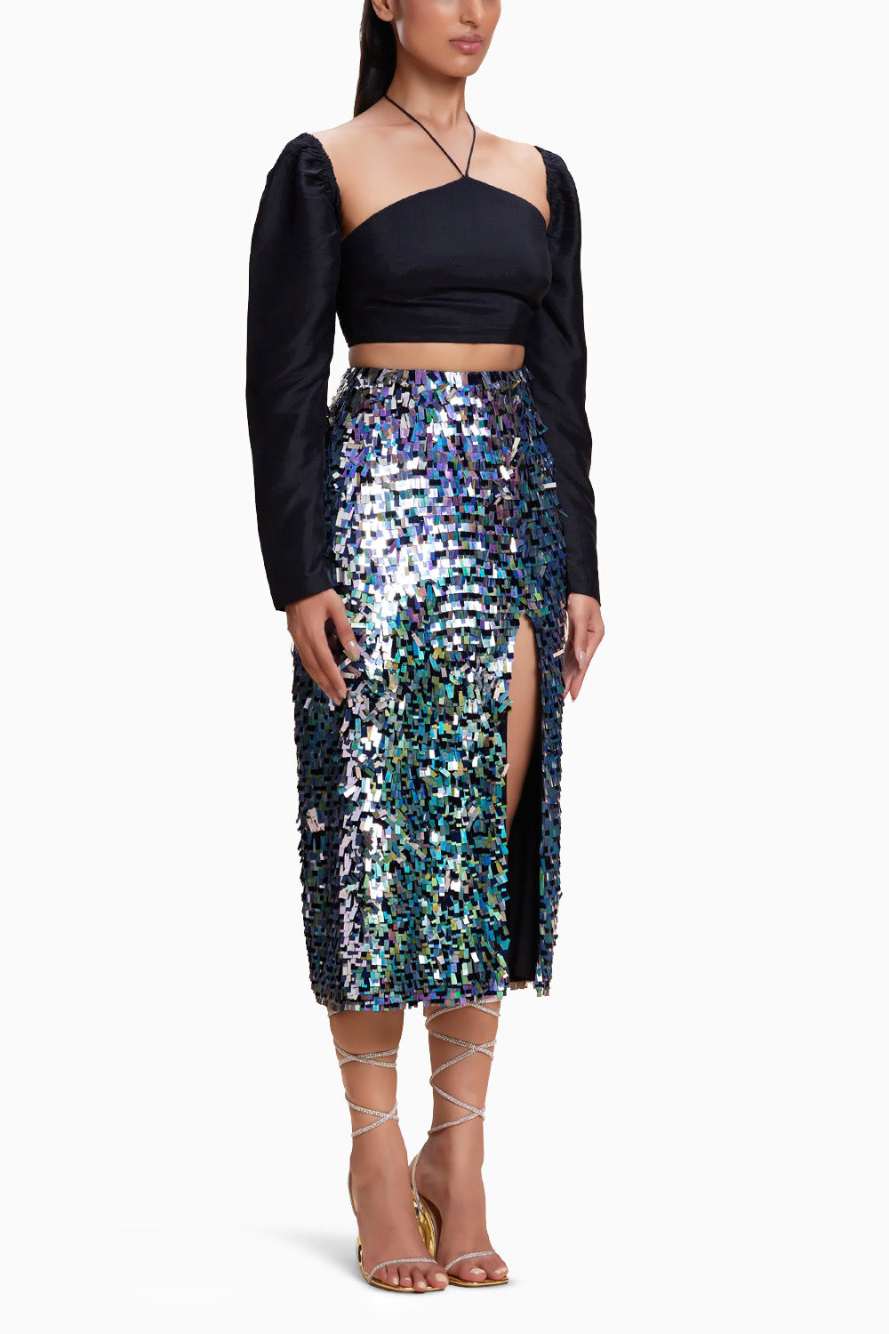 Blingy Slit Skirt with Blouse Set