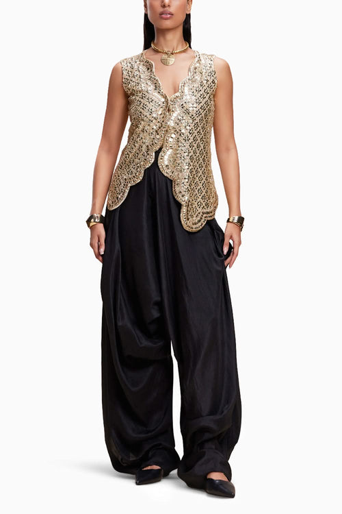 Golden Embellished Jacket And Black Dhoti Set