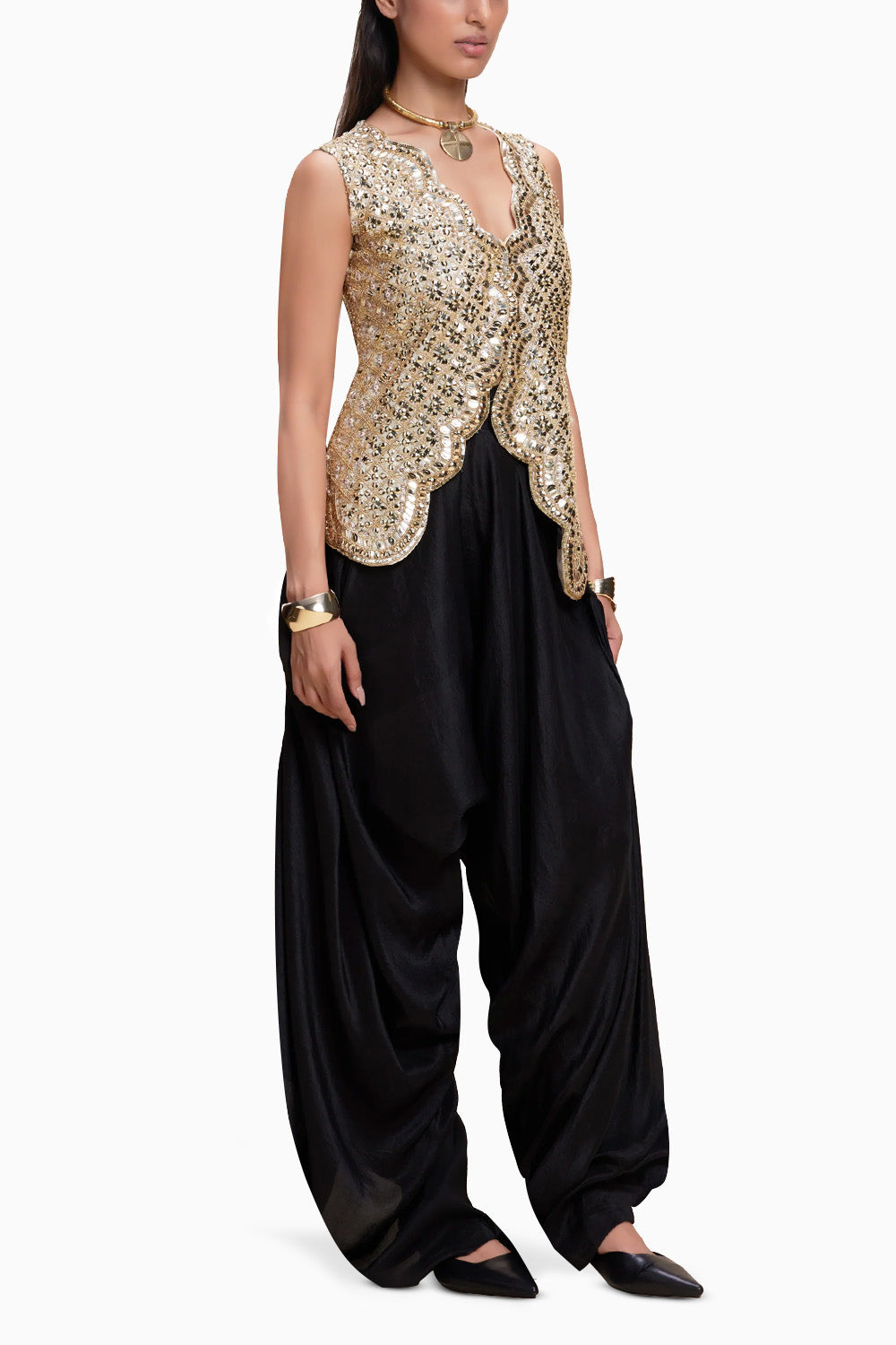 Golden Embellished Jacket And Black Dhoti Set