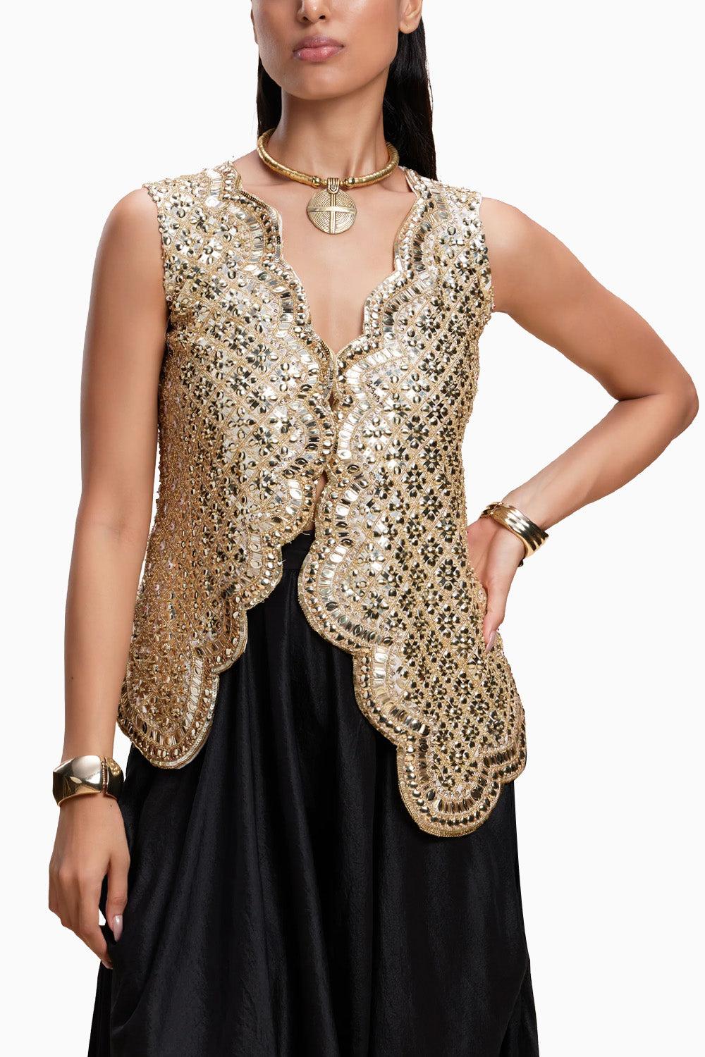 Golden Embellished Jacket And Black Dhoti Set