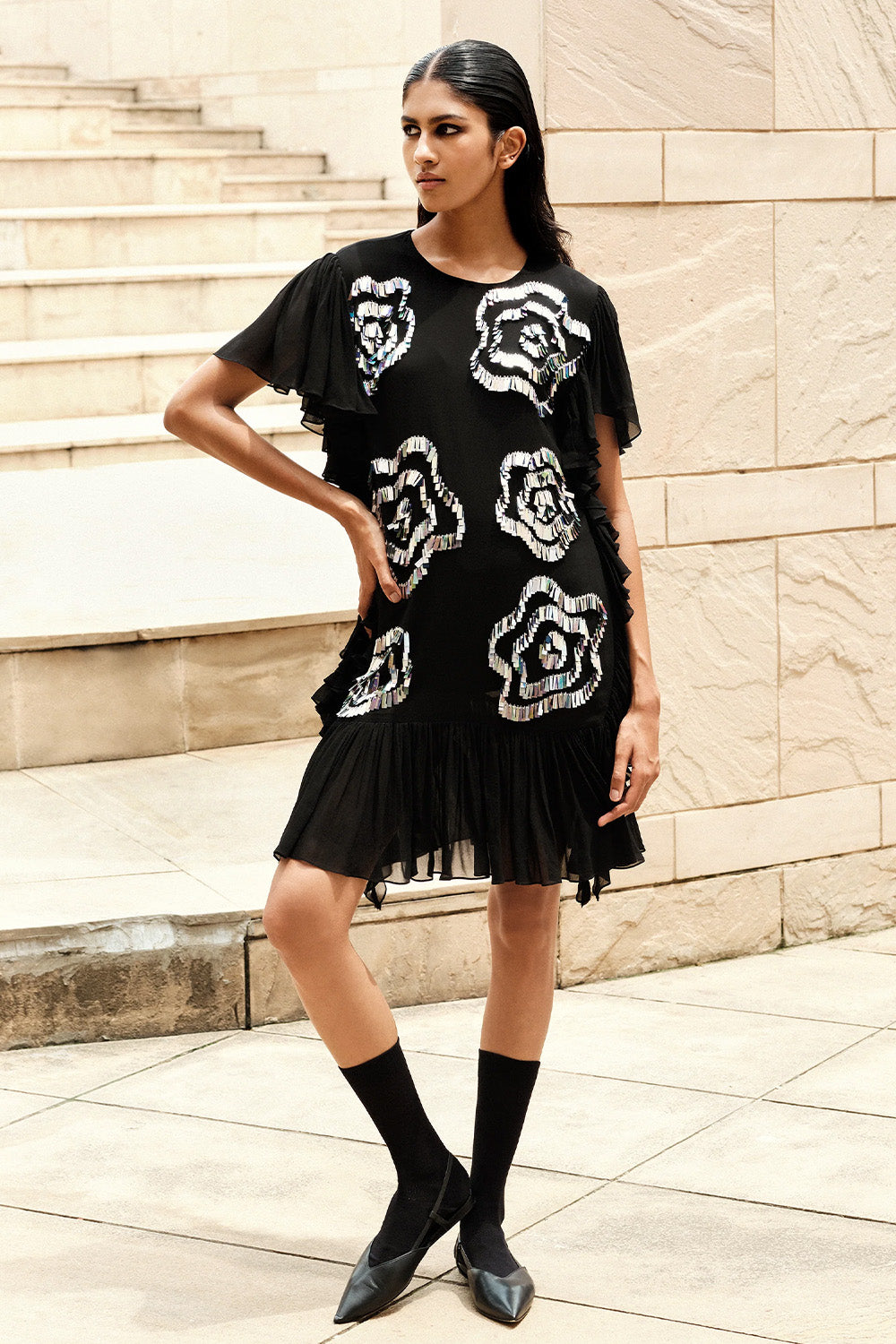 Black Midi Ruffle Dress