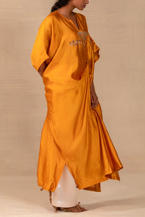 Silsila Mustard Silk Folk Motif Kaftan Set