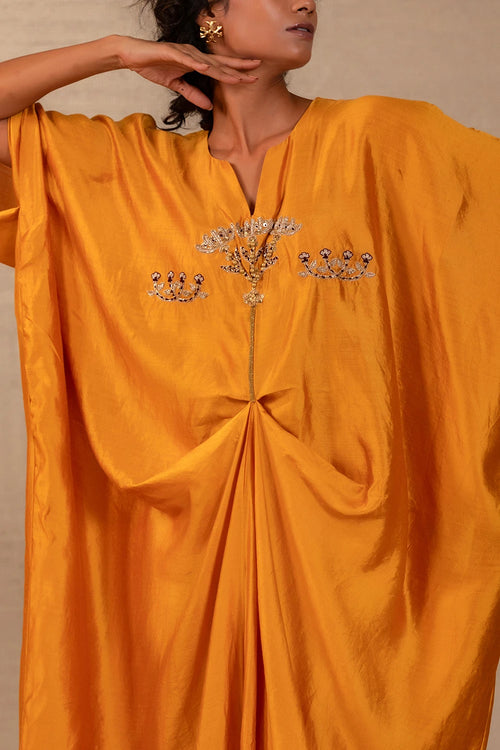 Silsila Mustard Silk Folk Motif Kaftan Set