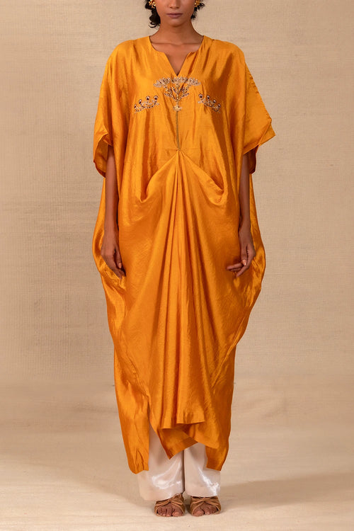 Silsila Mustard Silk Folk Motif Kaftan Set