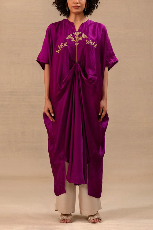 Silsila Purple Silk Folk Motif Kaftan Set