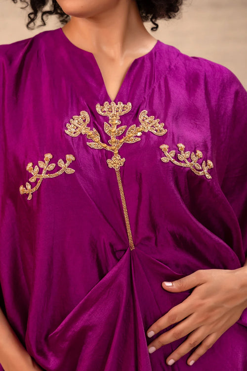 Silsila Purple Silk Folk Motif Kaftan Set