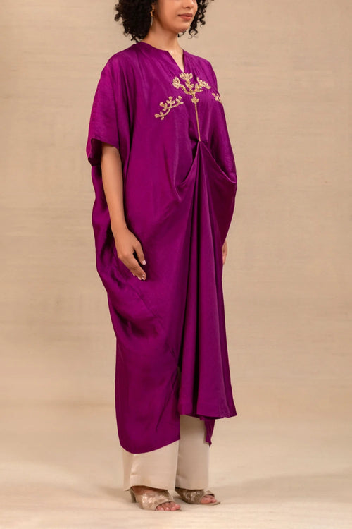 Silsila Purple Silk Folk Motif Kaftan Set