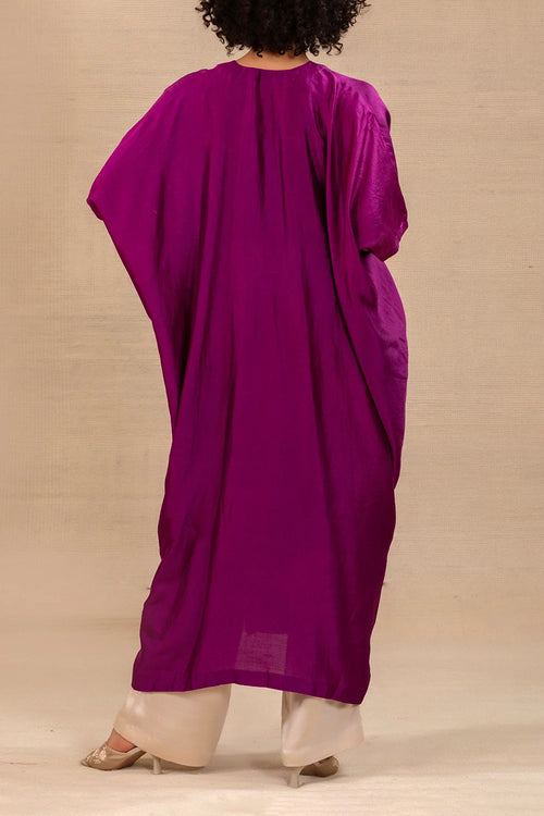 Silsila Purple Silk Folk Motif Kaftan Set