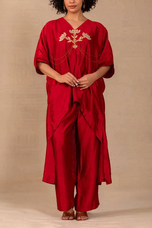 Silsila Maroon Silk Folk Motif Kurta Set
