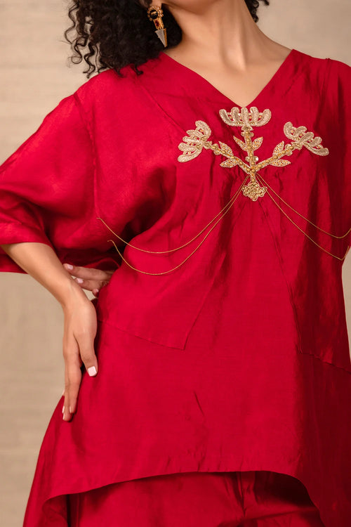 Silsila Maroon Silk Folk Motif Kurta Set