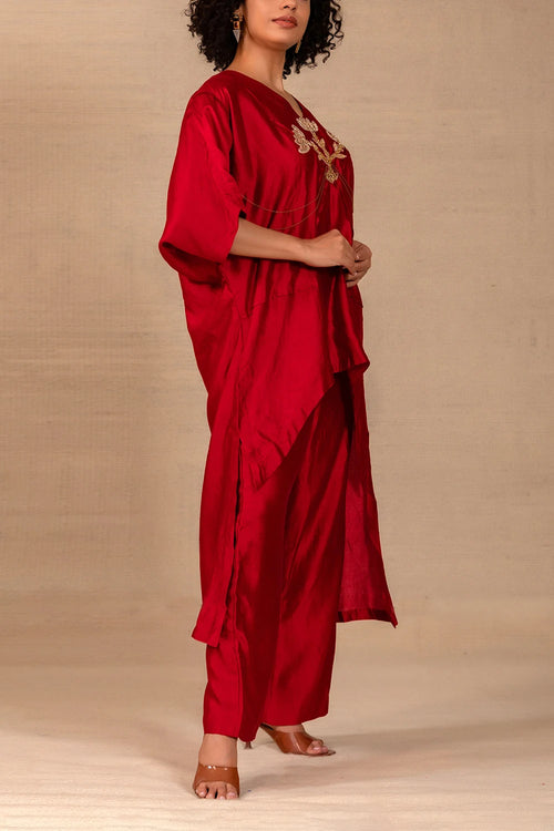 Silsila Maroon Silk Folk Motif Kurta Set