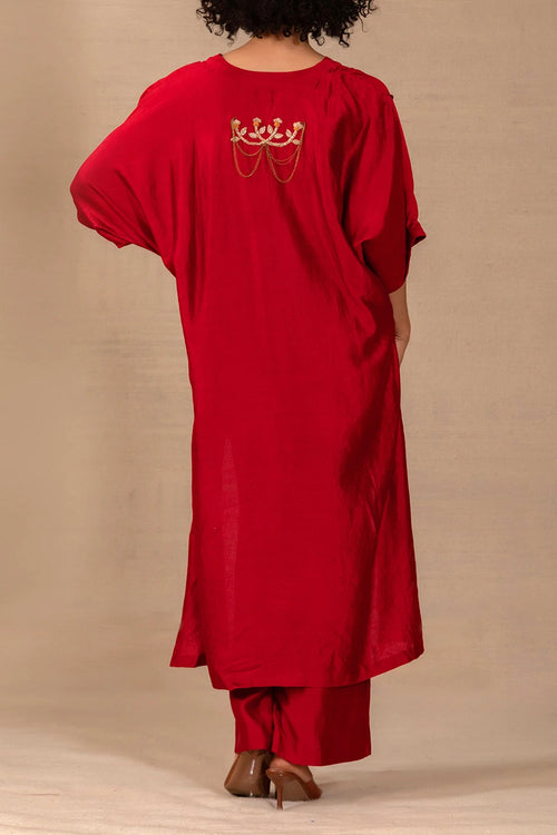 Silsila Maroon Silk Folk Motif Kurta Set