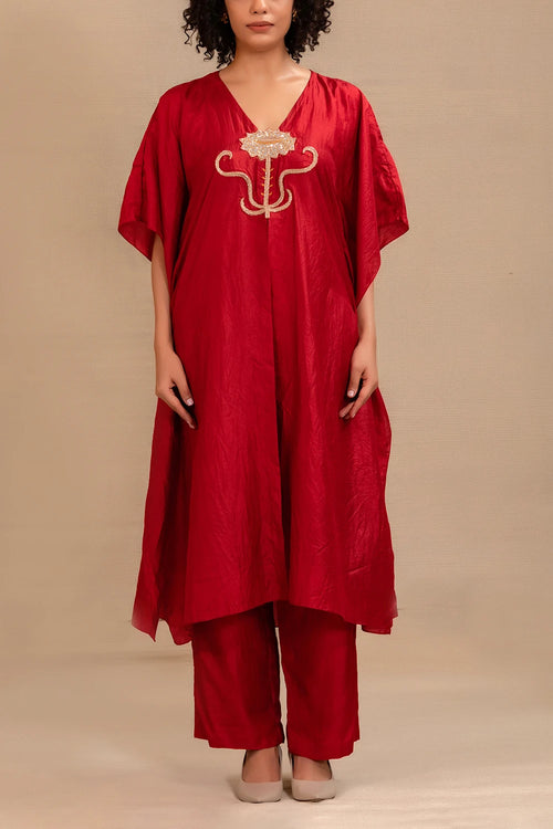 Silsila Maroon Silk Kaftan Set