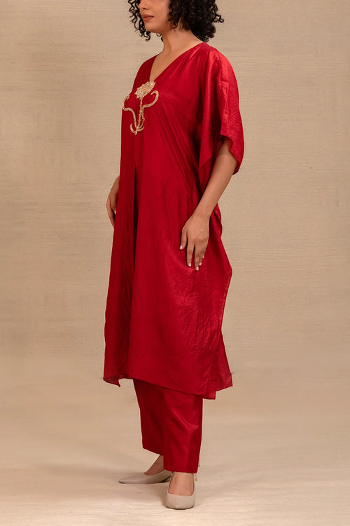 Silsila Maroon Silk Kaftan Set
