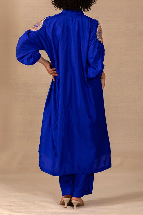 Silsila Blue Silk Leaf Motif Kurta Set
