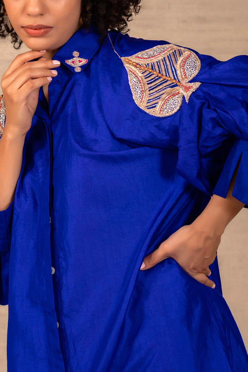 Silsila Blue Silk Leaf Motif Kurta Set