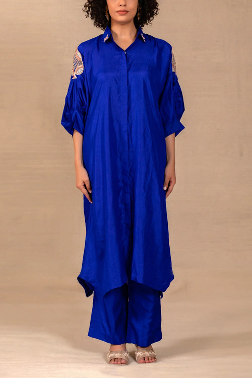Silsila Blue Silk Leaf Motif Kurta Set