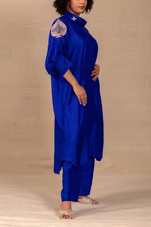 Silsila Blue Silk Leaf Motif Kurta Set