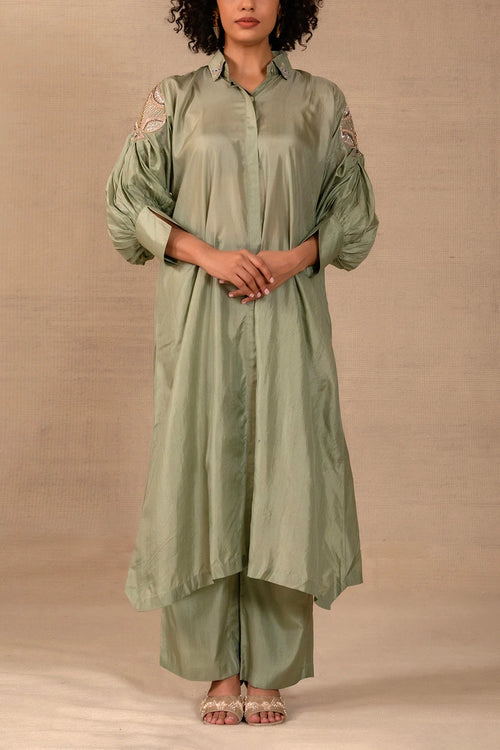 Silsila Sage Silk Leaf Motif Kurta Set