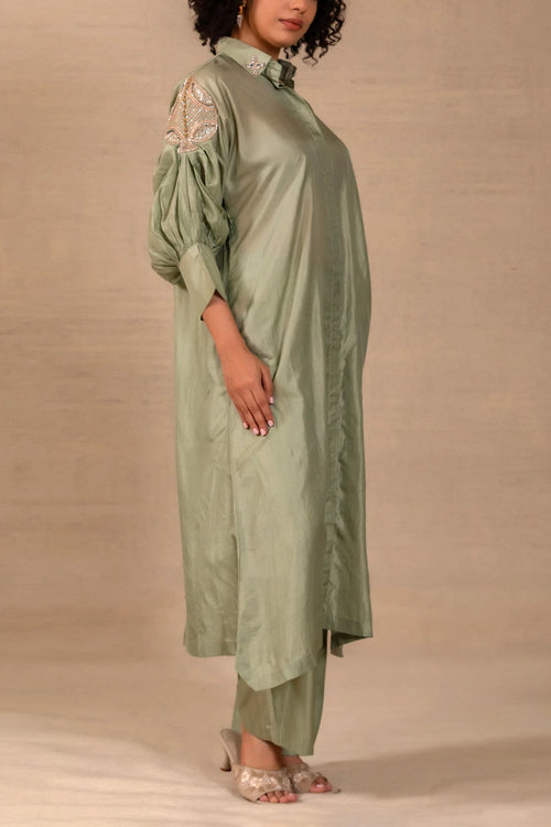 Silsila Sage Silk Leaf Motif Kurta Set
