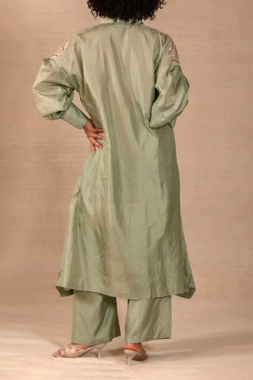 Silsila Sage Silk Leaf Motif Kurta Set