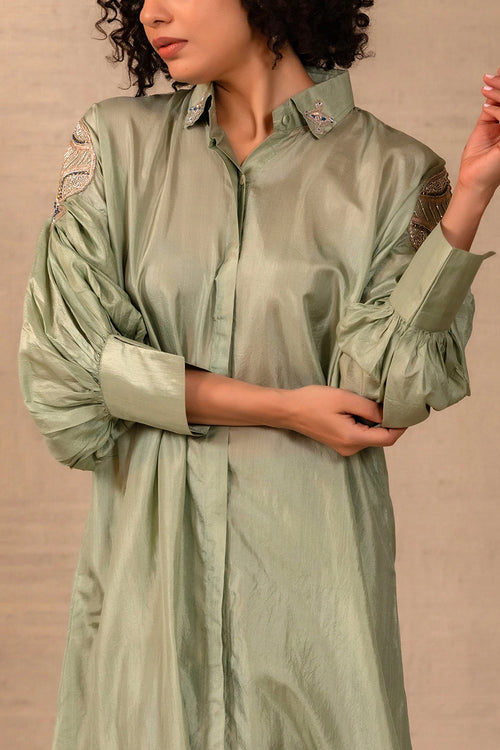 Silsila Sage Silk Leaf Motif Kurta Set