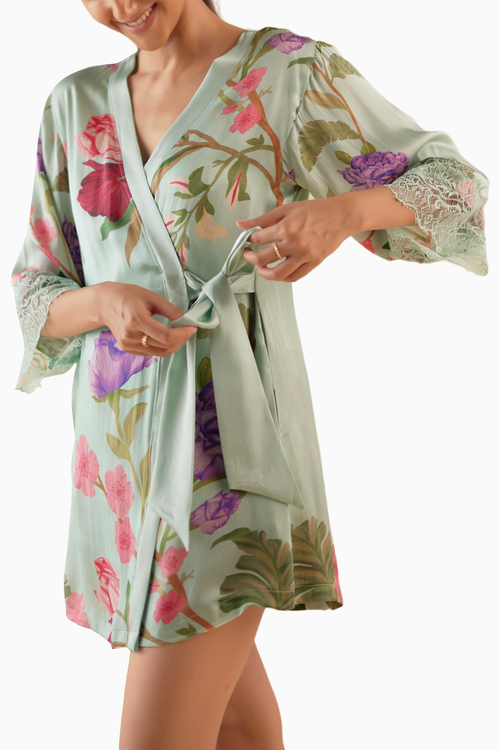 Celeste Blue Floral Dream Silk Robe