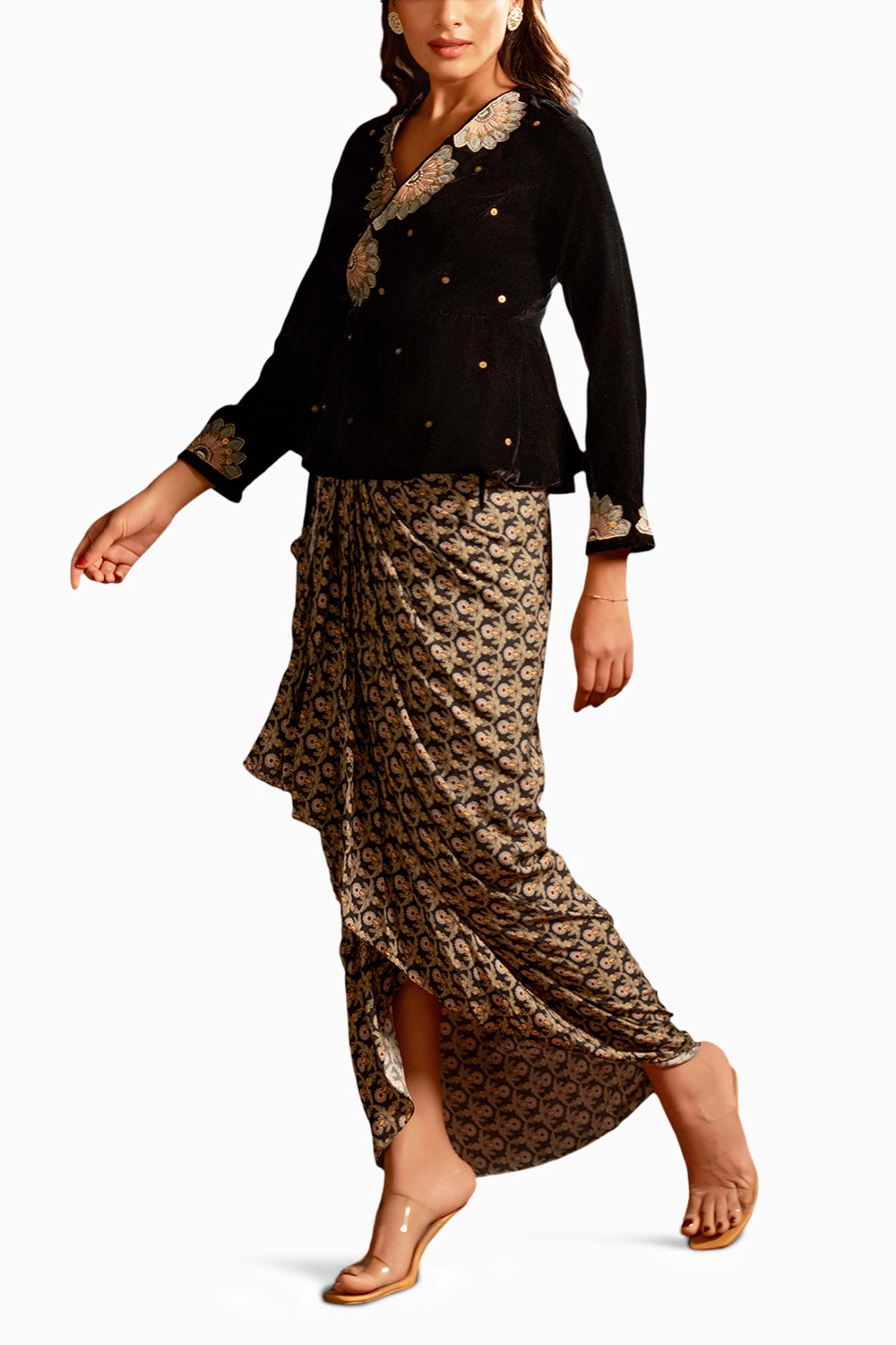 Eraya Embroidered Drape Skirt Set