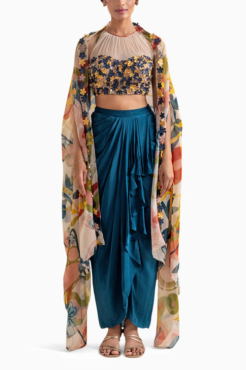 Flora Embroidered Drape Skirt Set With A Cape