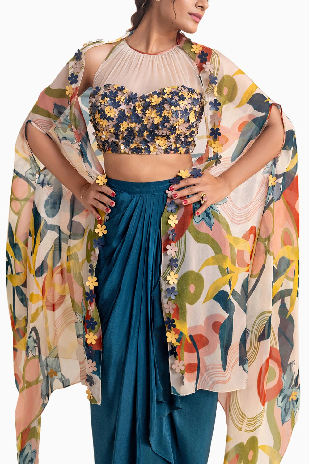 Flora Embroidered Drape Skirt Set With A Cape