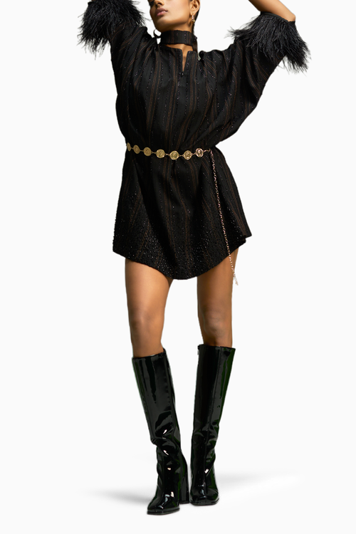 Black Striper Linen Dress