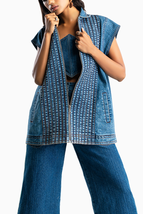 Blue Acid Wash Stripper Denim Oversized Jacket